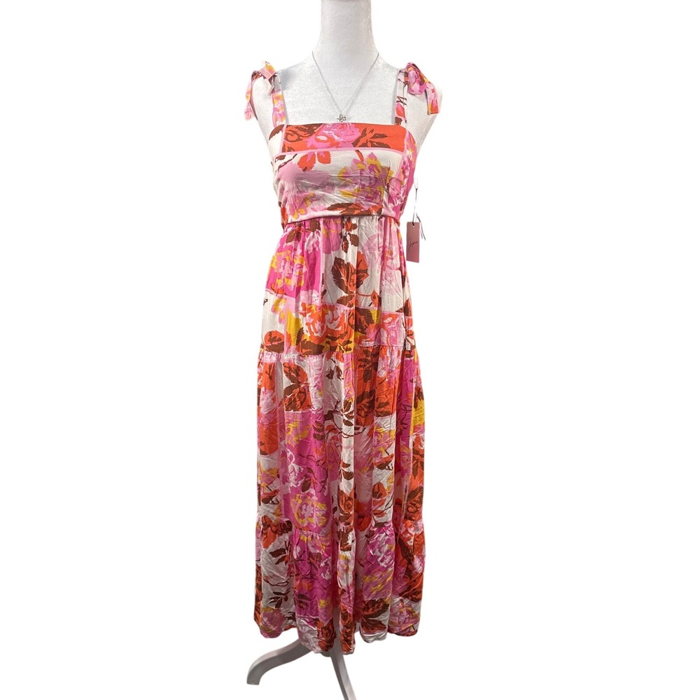 Japna Singh Pink Floral Tiered Maxi Dress XS Tie Shoulder Smocked Summer 22896